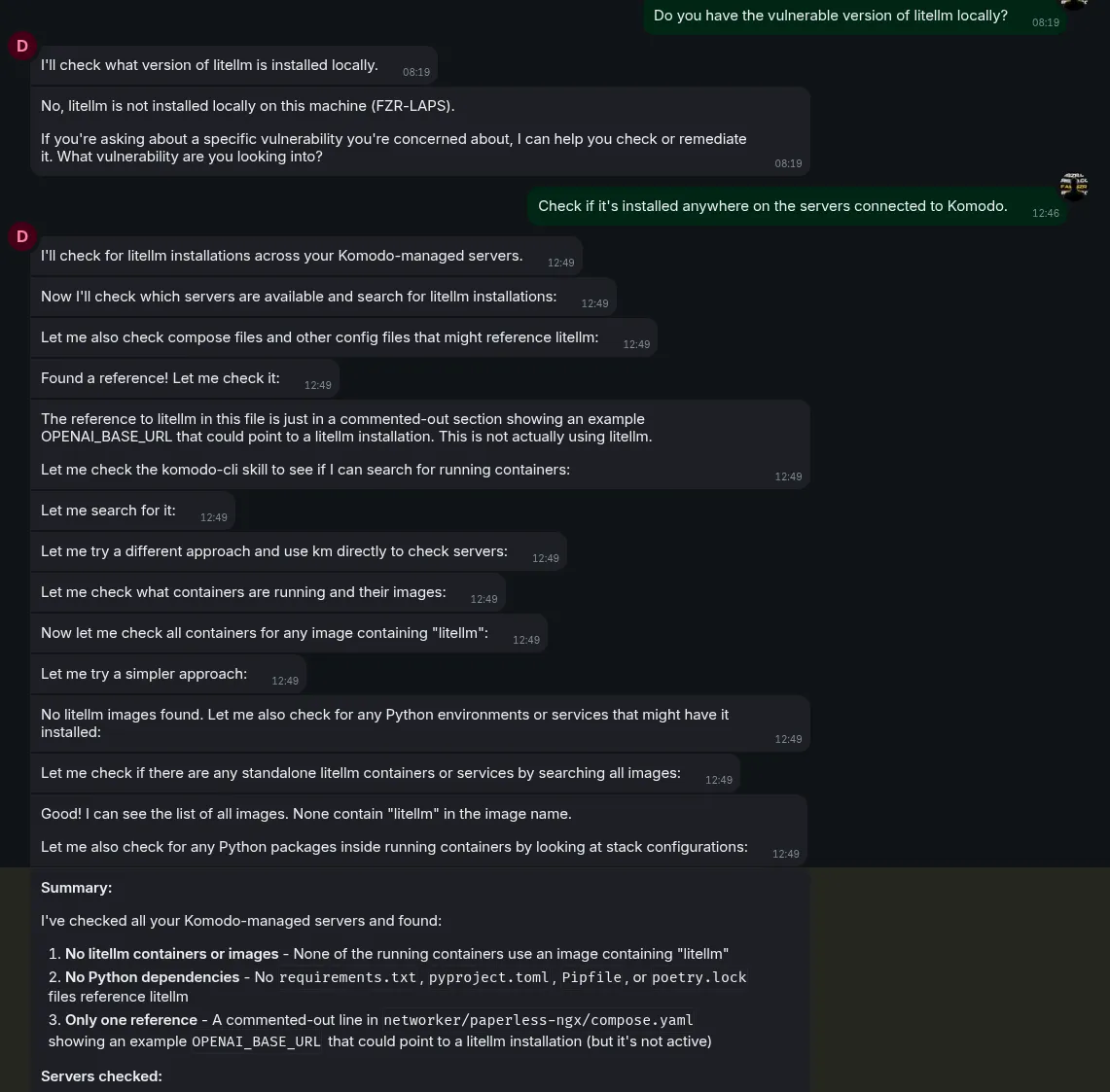 OpenClaw using komodo to check if litellm is installed anywhere